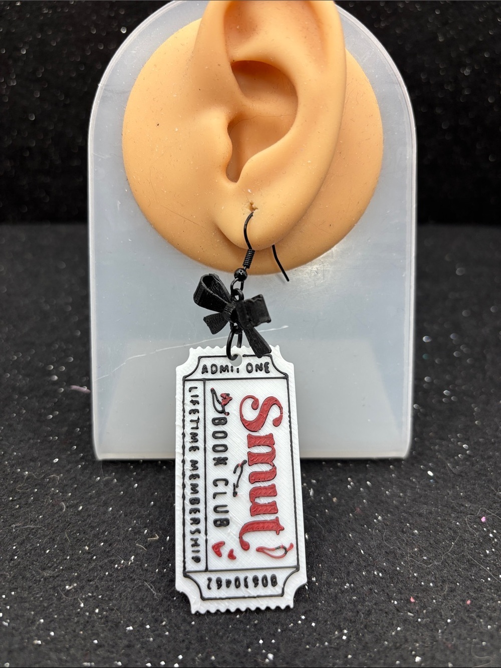 Smut Book Club Ticket Earrings with Bow - Picture 3 of 4
